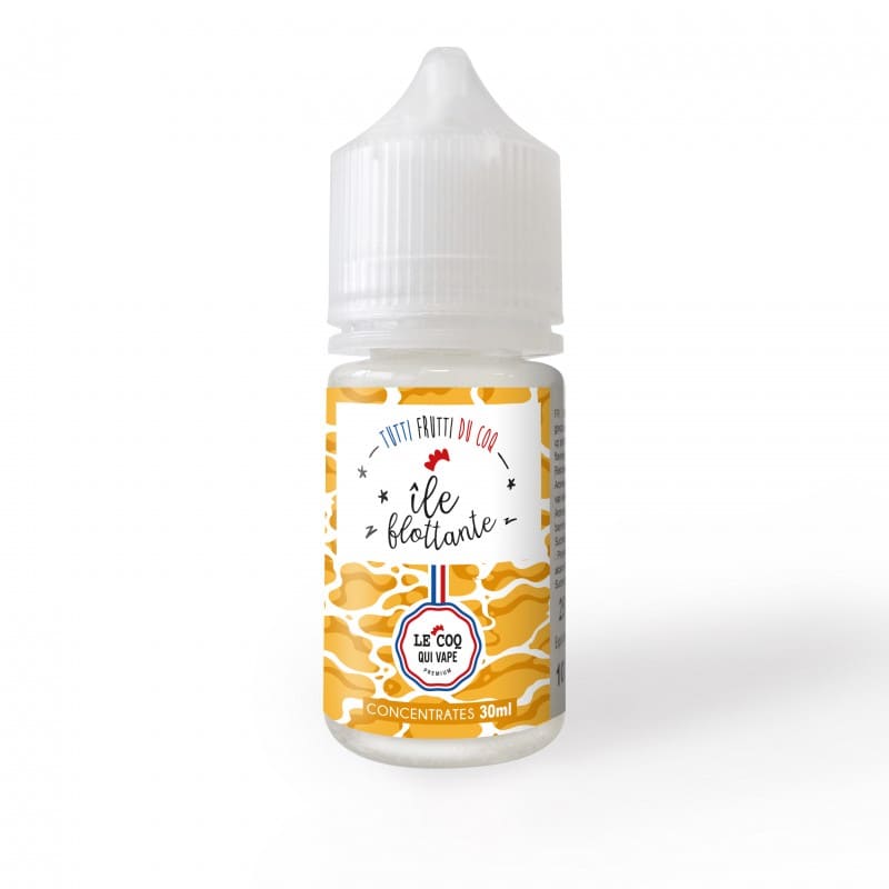 Flacon d'arôme concentré Île Flottante 30ml Le Coq Qui Vape avec étiquette jaune et blanche sur fond blanc.