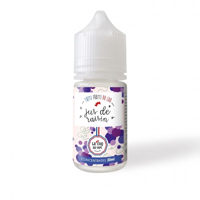 Flacon de 30ml d'arôme concentré Jus de Raisin Le Coq Qui Vape avec étiquette illustrée de grappes de raisin colorées.