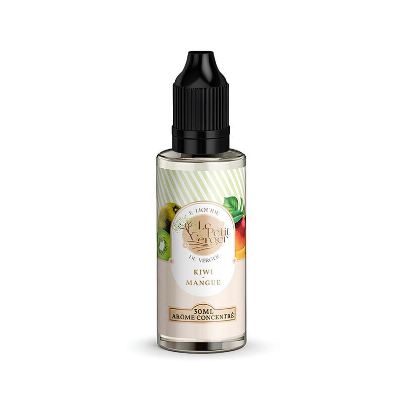 Flacon de 30 ml d'arôme concentré Le Petit Verger Kiwi Mangue avec bouchon noir et étiquette illustrée de fruits.