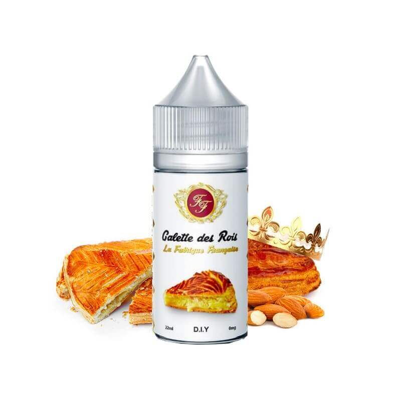 Flacon de 30ml d'arôme concentré La Fabrique Française Galette des Rois avec illustration de frangipane et couronne dorée.