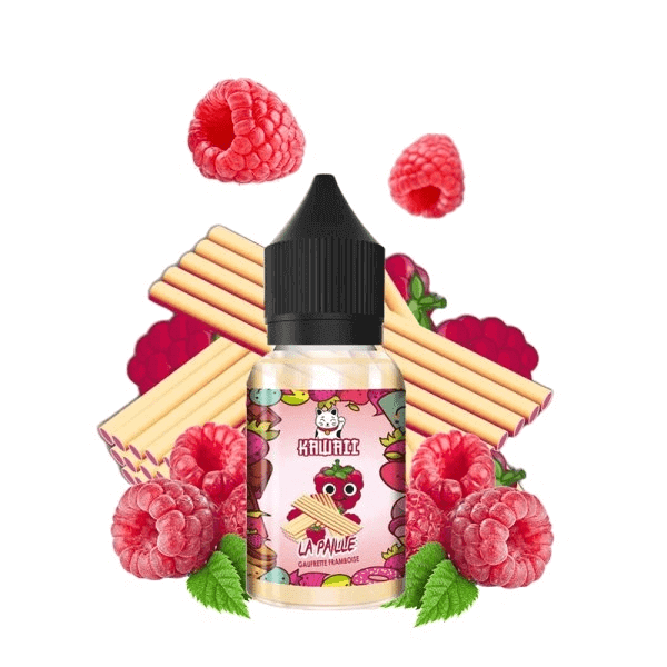Flacon d'arôme concentré Kawaii La Paille 30ml entouré de gaufrettes croustillantes et de framboises fraîches.