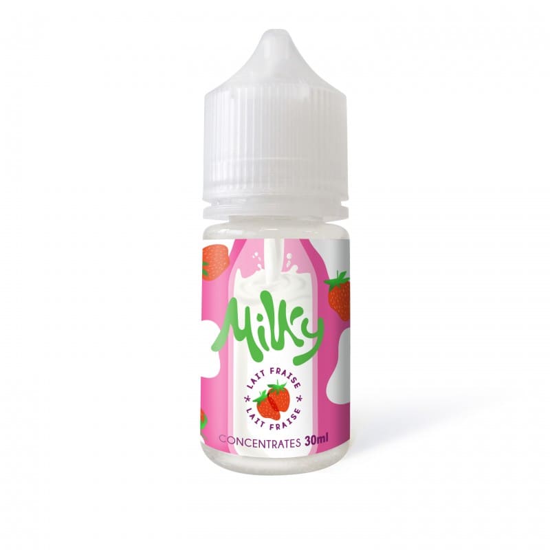 Flacon de 30ml d'arôme concentré Milky Lait Fraise Le Coq Qui Vape avec étiquette rose illustrée de fraises et de lait.