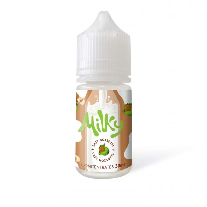Flacon de 30ml d'arôme concentré Milky Lait Noisette Le Coq Qui Vape avec étiquette illustrée de lait et noisettes.
