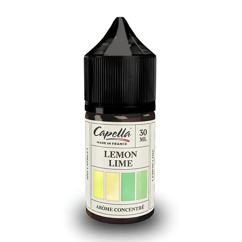Flacon de 30 ml d'arôme concentré Capella Lemon Lime avec bouchon noir et étiquette aux tons jaune et vert citron.