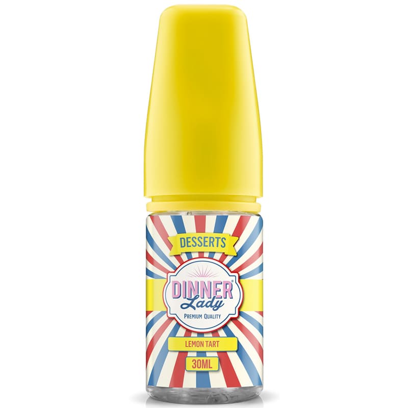 Flacon de 30ml d'arÎme concentré Dinner Lady Lemon Tart avec bouchon jaune et étiquette rayée rouge, blanche et bleue.
