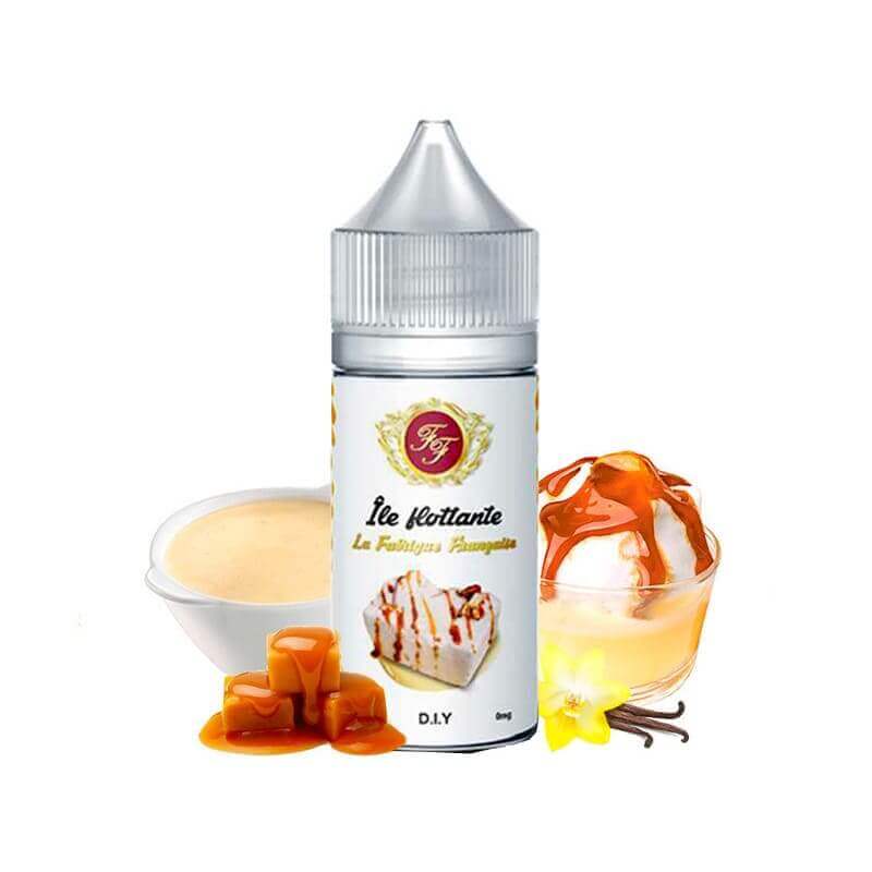 Flacon d'arôme concentré L'Île Flottante 30ml La Fabrique Française avec illustration de dessert au caramel et vanille.