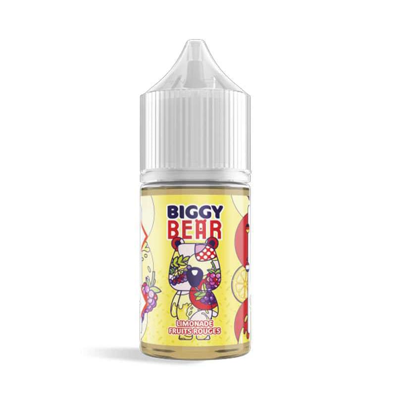 Flacon d'arôme concentré Biggy Bear Limonade Fruits Rouges 30ml avec étiquette jaune illustrée d'un ours et fruits rouges.