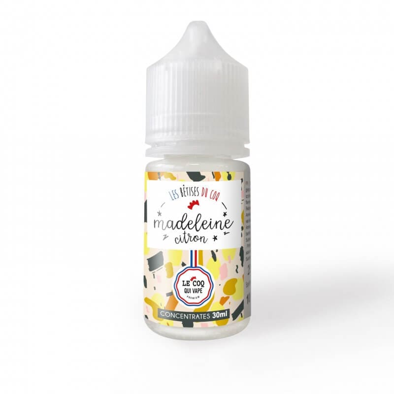 Flacon de 30ml d'arôme concentré Madeleine Citron Le Coq Qui Vape avec étiquette colorée à motifs abstraits.