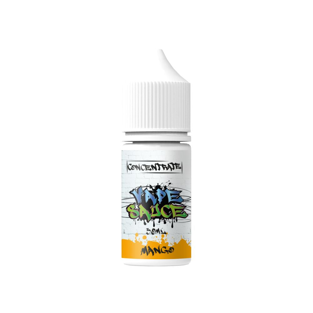 Flacon de 30 ml d'arôme concentré Vape Sauce Mango avec étiquette style graffiti sur fond blanc et base orange.