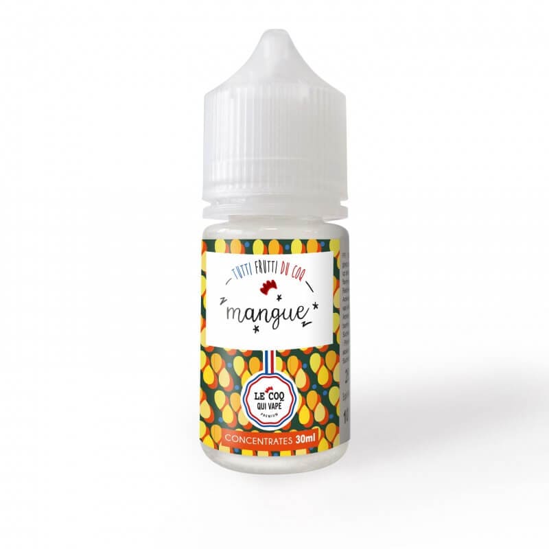 Flacon d'arôme concentré Mangue 30ml Le Coq Qui Vape avec étiquette colorée à motifs de fruits sur fond blanc.