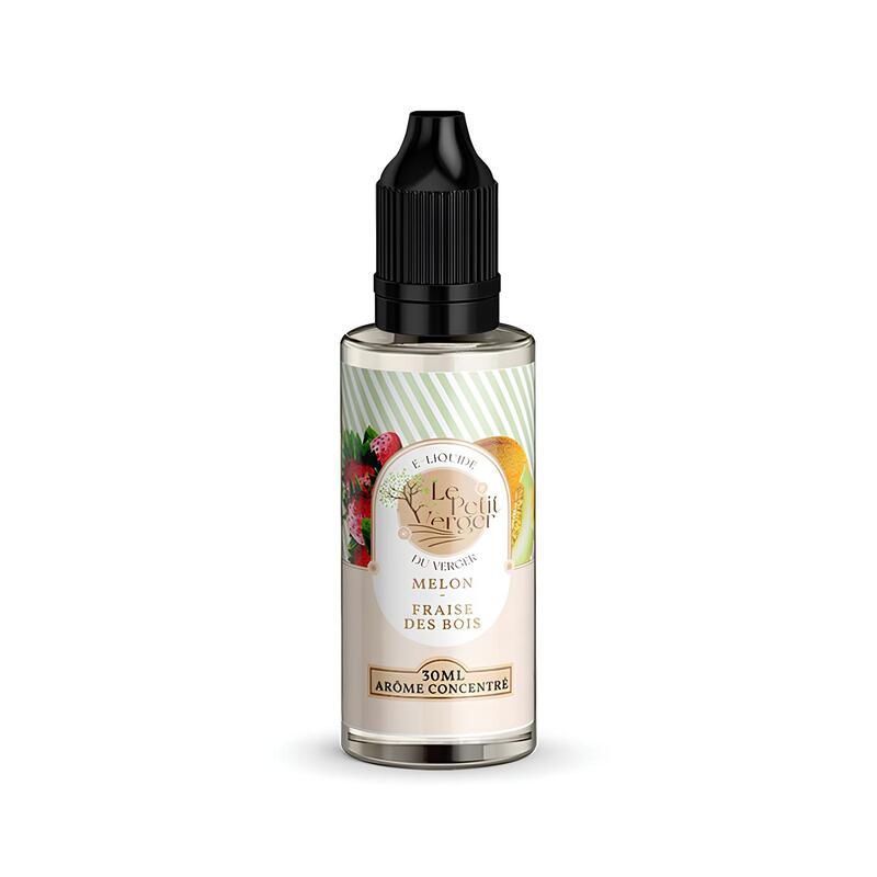 Flacon de 30ml d'arôme concentré Le Petit Verger Melon Fraise des Bois avec étiquette illustrée de fruits sur fond rayé.