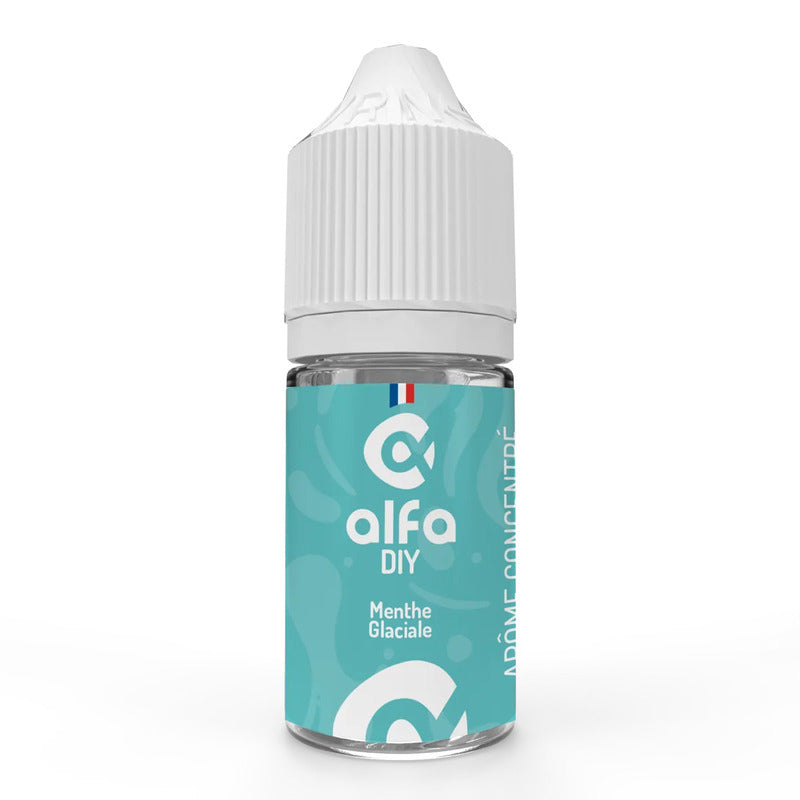 Flacon de 30ml d'arôme concentré Menthe Glaciale Alfa DIY avec étiquette bleu clair et bouchon blanc.
