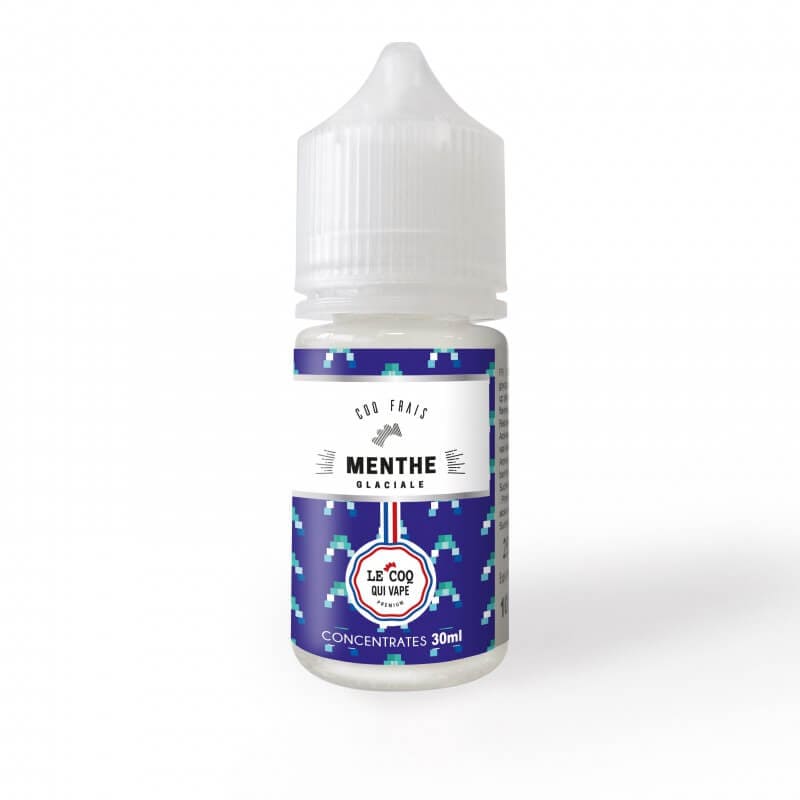Flacon de 30 ml d'arôme concentré Menthe Glaciale Le Coq Qui Vape avec étiquette bleue et blanche à motifs géométriques.
