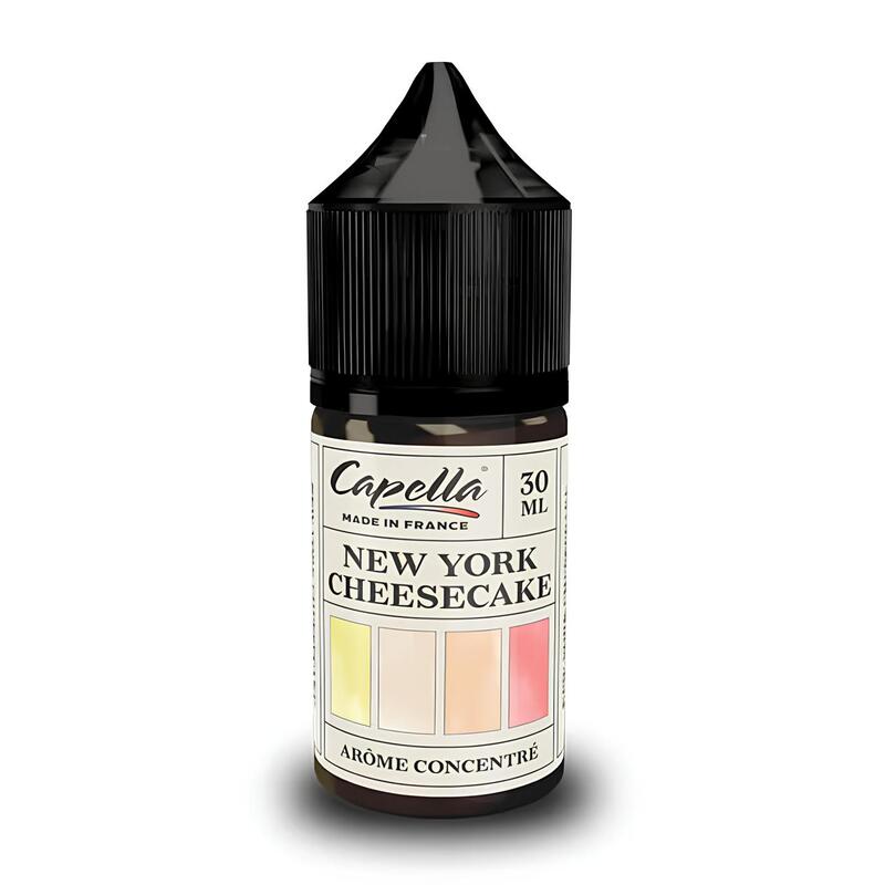 Flacon de 30 ml d'arôme concentré Capella New York Cheesecake avec bouchon noir et étiquette descriptive.
