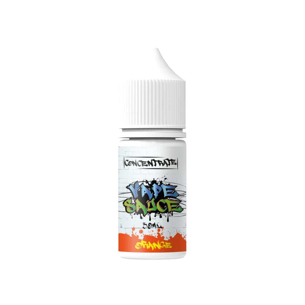Flacon de 30ml d'arôme concentré Vape Sauce Orange avec étiquette style graffiti sur fond blanc et bouchon blanc.
