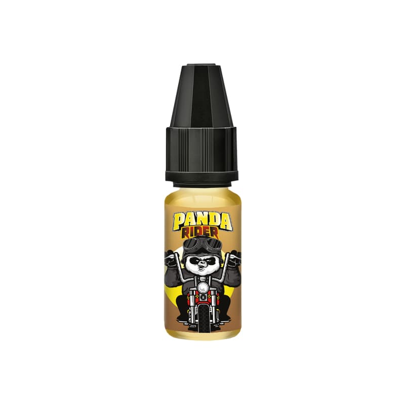 Flacon de 10ml d'arôme concentré Panda Rider A&L avec étiquette illustrée d'un panda motard sur fond jaune.