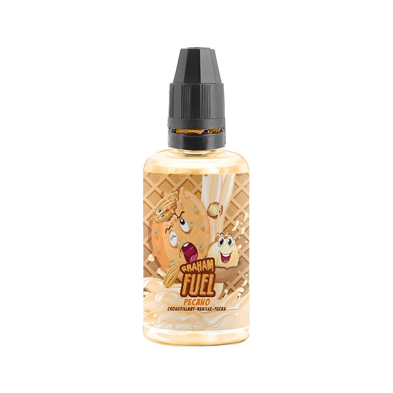 Flacon de 30ml d'arôme concentré Pecano Graham Fuel avec bouchon noir et étiquette illustrée de biscuits et noix de pécan.