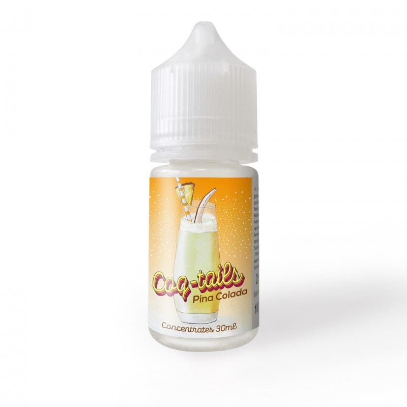Flacon de 30ml d'arôme concentré Pina Colada Le Coq Qui Vape avec étiquette illustrée d'un cocktail exotique sur fond jaune.