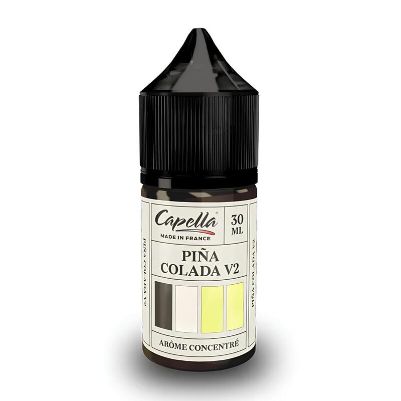 Flacon de 30 ml d'arôme concentré Capella Pina Colada V2 avec bouchon noir et étiquette blanche descriptive.
