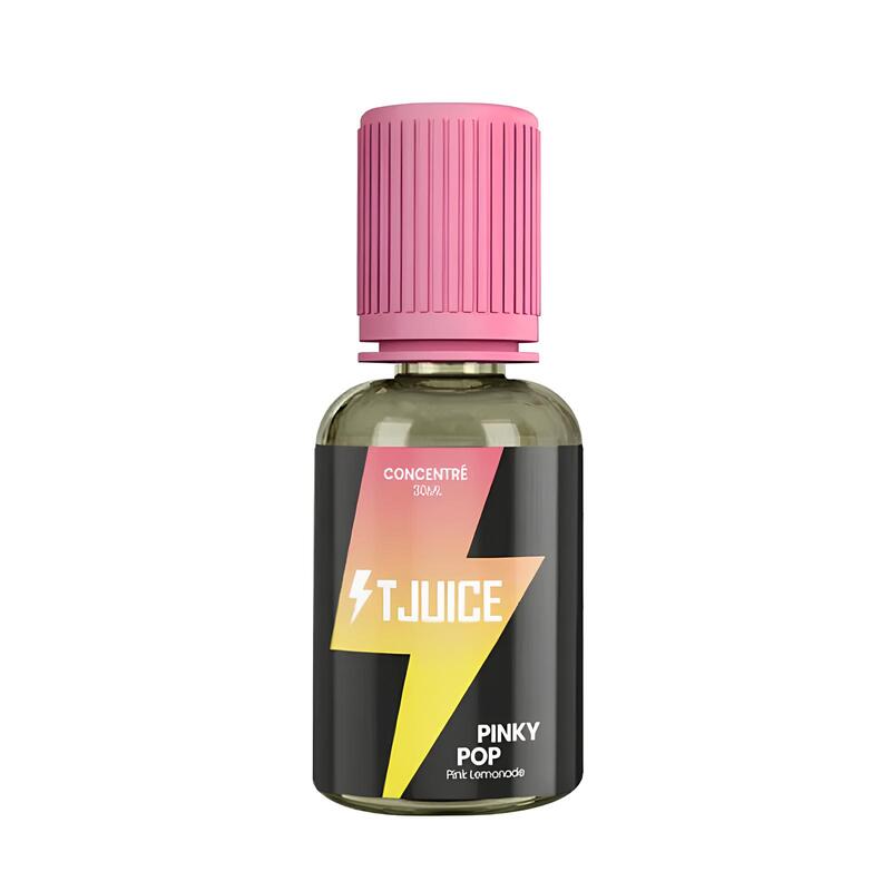 Flacon de 30ml d'arôme concentré T-Juice Pinky Pop avec bouchon rose et étiquette noire à motif d'éclair jaune.