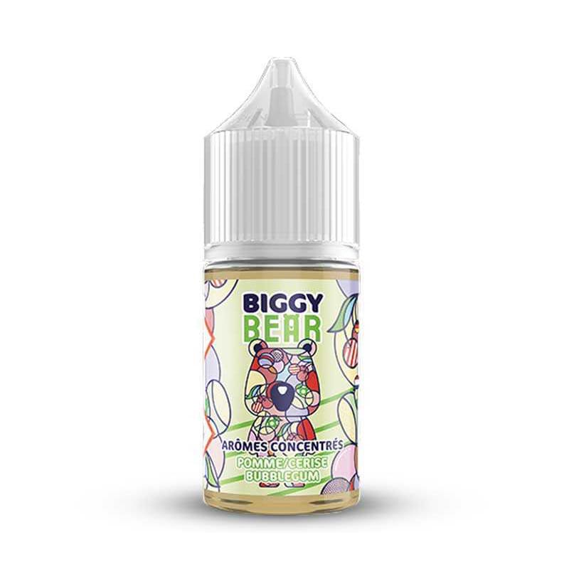 Flacon de 30ml d'arôme concentré Biggy Bear Pomme Cerise Bubblegum avec étiquette illustrée d'un ours coloré.