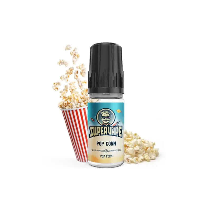 Flacon de 10ml d'arôme concentré Supervape Pop Corn avec bouchon noir, accompagné d'un cornet de pop-corn rayé rouge et blanc.