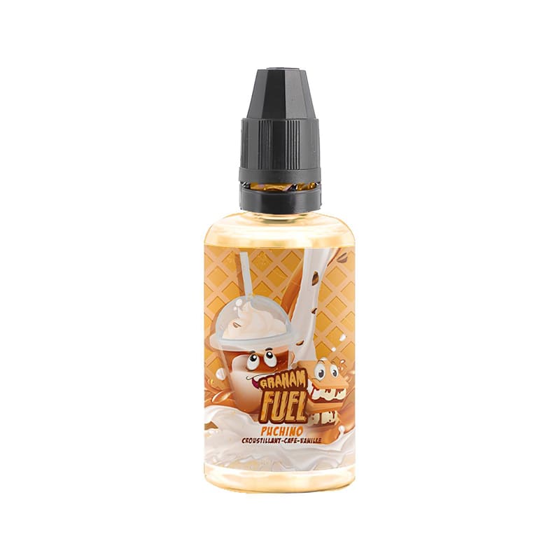 Flacon de 30ml d'arÎme concentré Puchino Graham Fuel avec étiquette illustrée de cappuccino et biscuit sur fond ambré.