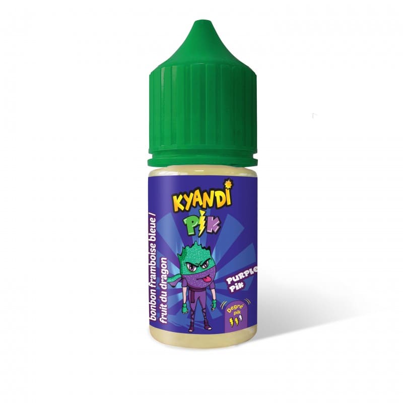 Flacon de 30ml d'arôme concentré Purple Pik Kyandi Shop avec bouchon vert et étiquette illustrée framboise bleue fruit dragon.