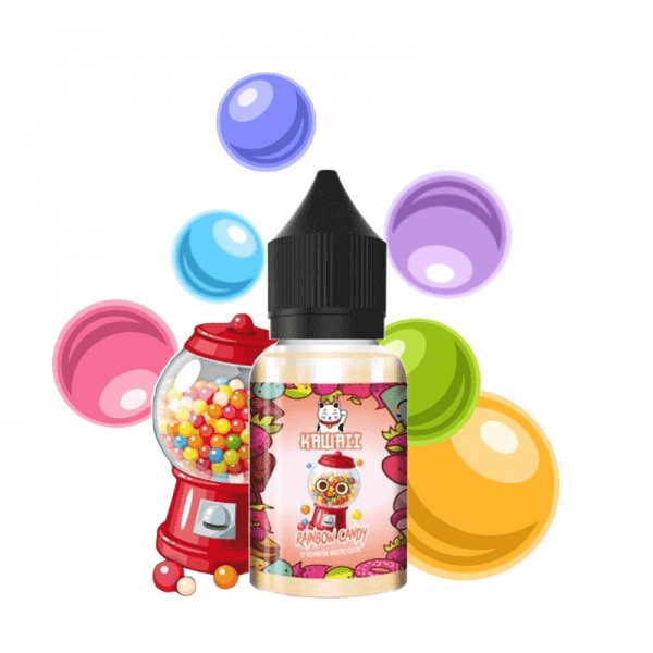 Flacon d'arôme concentré Kawaii Rainbow Candy 30ml avec étiquette illustrée de bonbons et distributeur de chewing-gums.