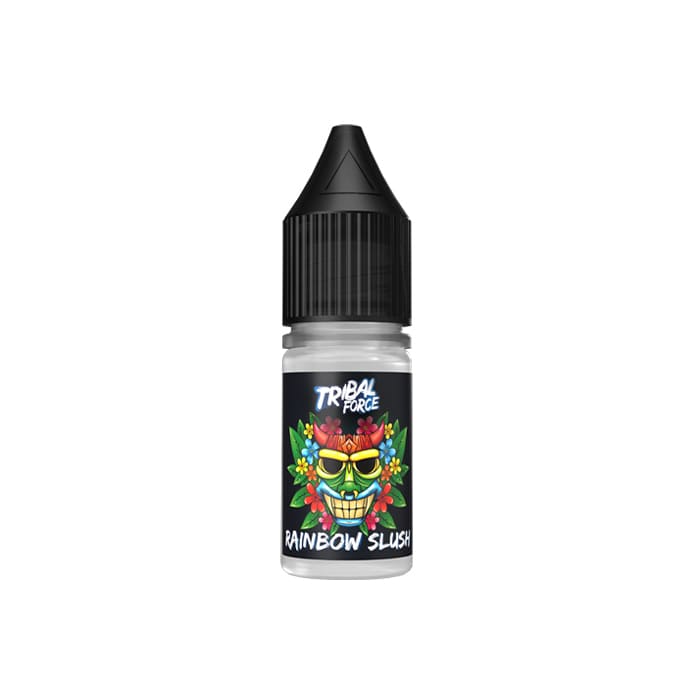 Flacon d'arôme concentré Tribal Force Rainbow Slush avec étiquette illustrée d'un masque tribal coloré et bouchon noir.