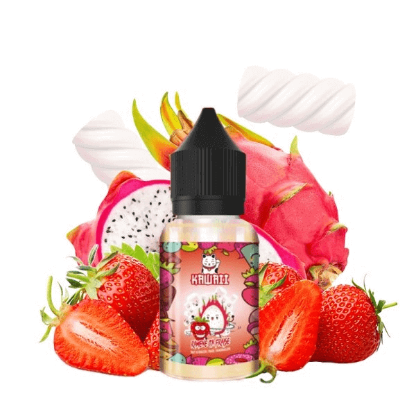 Flacon d'arÎme concentré Kawaii RamÚne Ta Fraise 30ml entouré de fraises, d'un fruit du dragon et de guimauves.