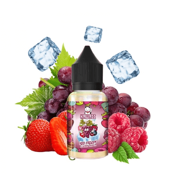 Flacon d'arôme concentré Kawaii Red Frozen 30ml entouré de fruits rouges frais et de glaçons sur fond blanc.