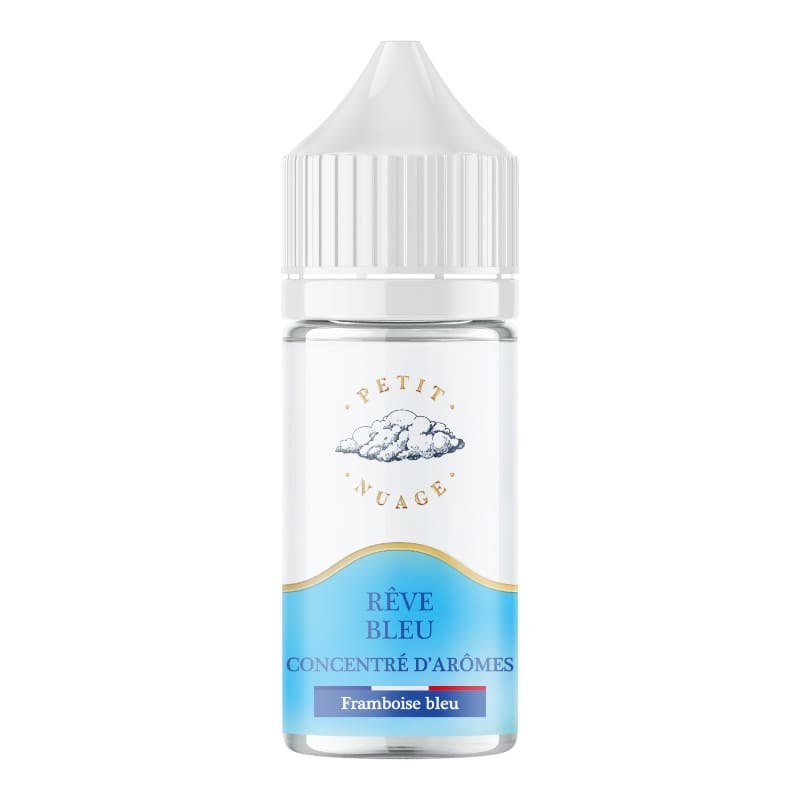 Flacon d'arĂŽme concentrĂ© Petit Nuage RĂȘve Bleu 30ml avec Ă©tiquette bleue, logo nuage et bouchon blanc Ă vis.