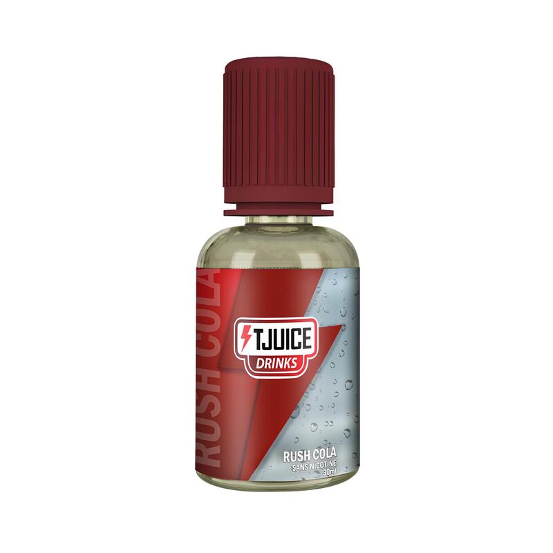 Flacon d'arôme concentré T-Juice Rush Cola 30ml avec bouchon rouge et étiquette graphique rouge et argentée.
