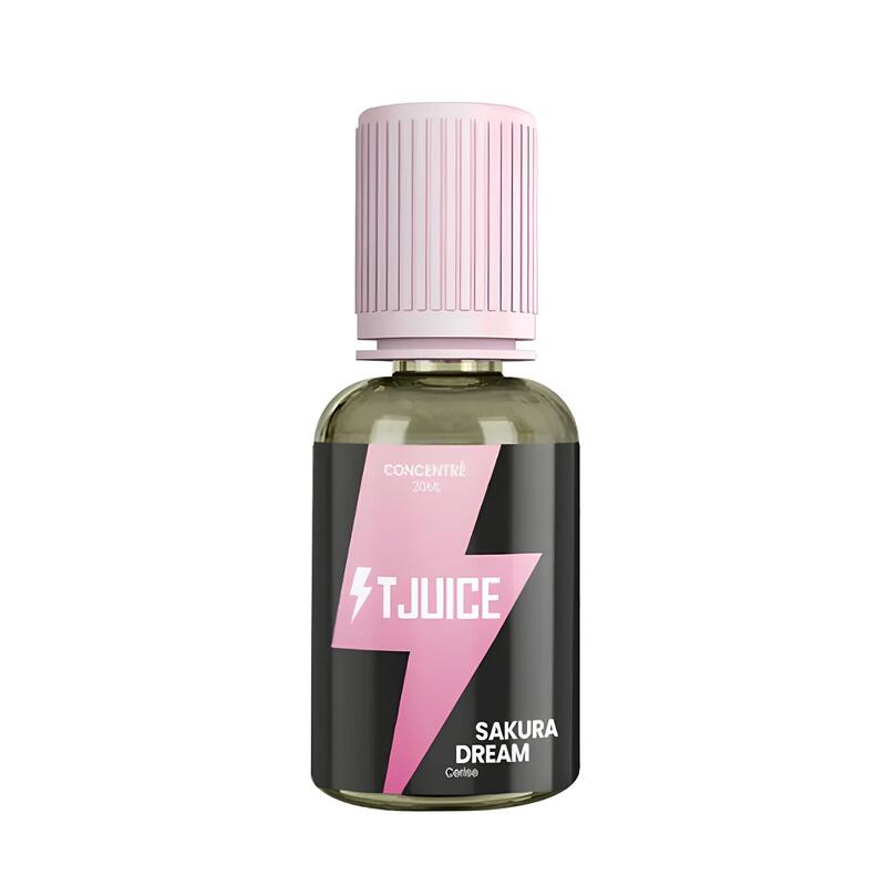 Flacon d'arôme concentré T-Juice Sakura Dream 30ml avec étiquette noire, logo éclair rose et bouchon strié rose pâle.