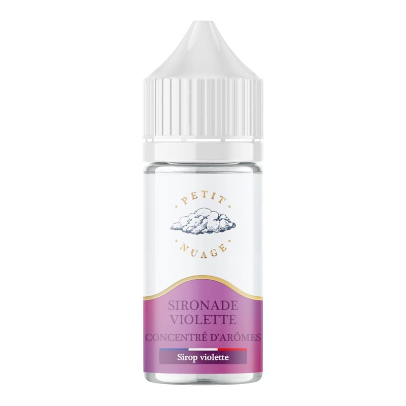 Flacon de 30 ml d'arôme concentré Petit Nuage Sironade Violette avec étiquette blanche et violette sur fond neutre.