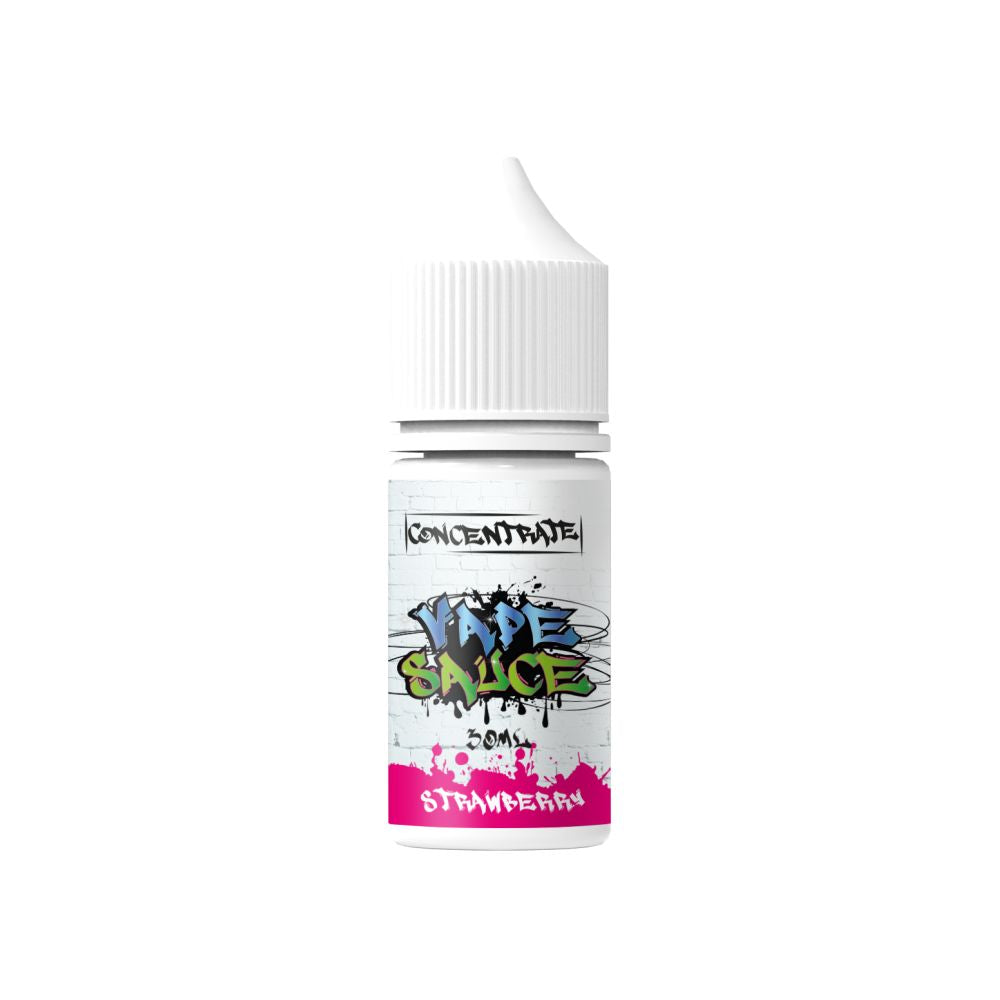 Flacon de 30ml d'arôme concentré Vape Sauce Strawberry avec étiquette style graffiti sur fond blanc et bouchon blanc.