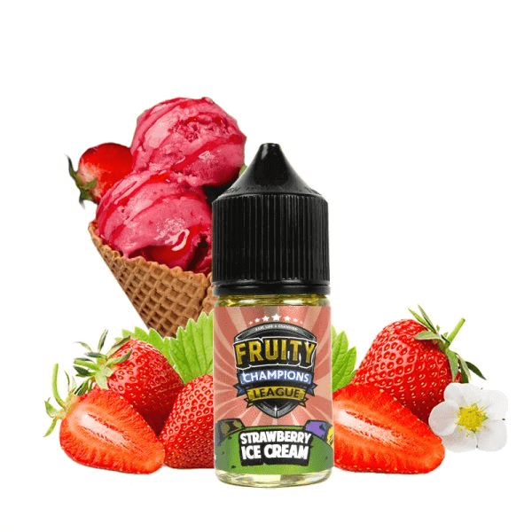 Flacon de 30ml d'arÎme concentré Fruity Champions League Strawberry Ice Cream entouré de fraises fraßches et d'une glace.
