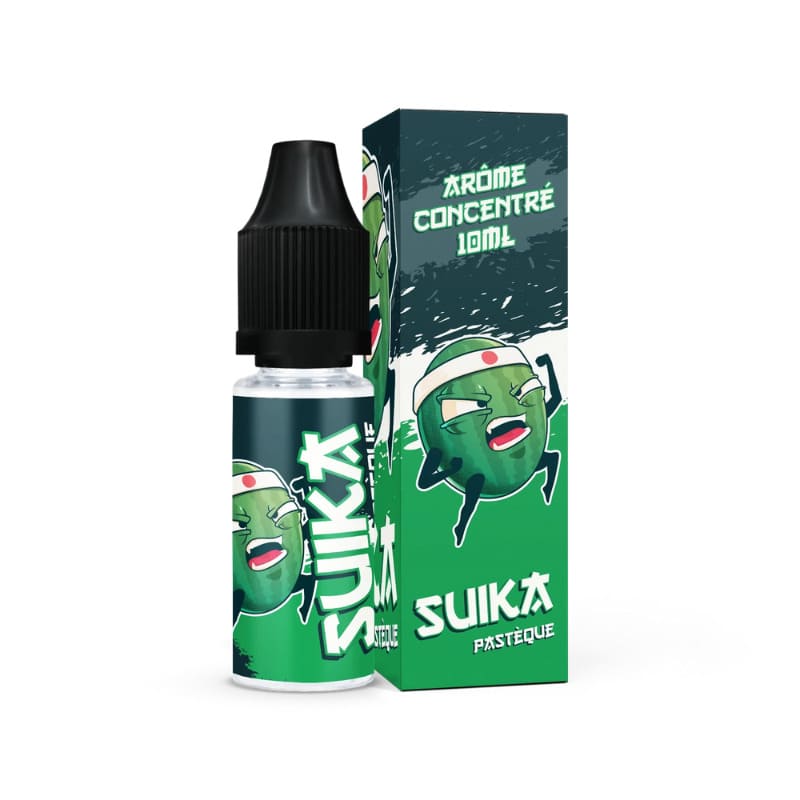 Flacon d'arôme concentré Kung Fruits Suika 10ml avec sa boîte verte illustrée d'une pastèque style manga.