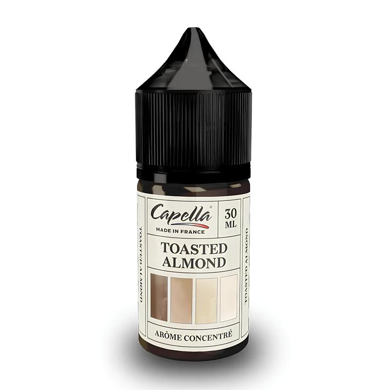 Flacon de 30 ml d'arôme concentré Capella Toasted Almond avec bouchon noir et étiquette beige illustrée d'amandes.