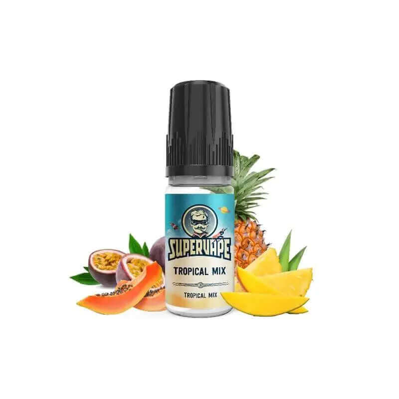 Flacon de 10ml d'arôme concentré Supervape Tropical Mix avec bouchon noir, entouré de mangue, ananas, papaye et fruit de la passion.