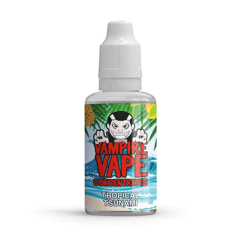 Flacon de 30ml d'arôme concentré Tropical Tsunami Vampire Vape avec étiquette illustrée d'un vampire sur une plage.