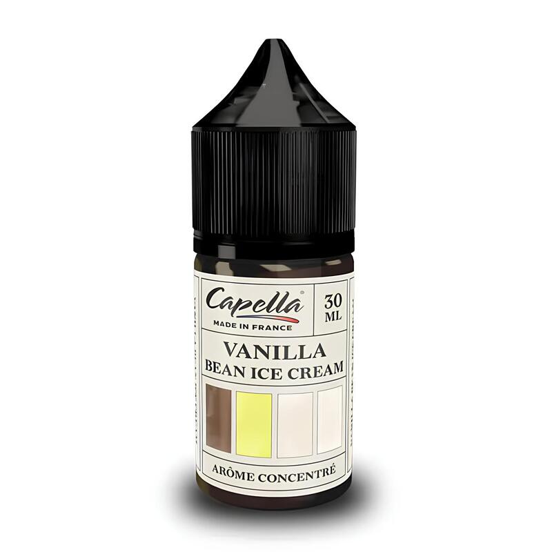 Flacon de 30 ml d'arôme concentré Capella Vanilla Bean Ice Cream avec bouchon noir et étiquette blanche descriptive.