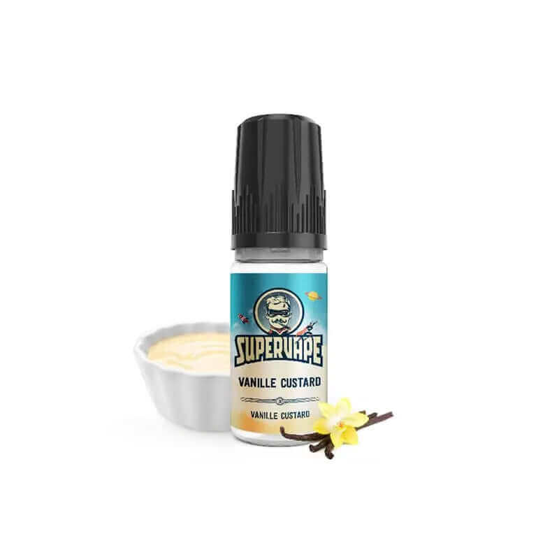 Flacon de 10ml d'arôme concentré Supervape Vanille Custard avec bouchon noir, bol de crème et gousse de vanille.