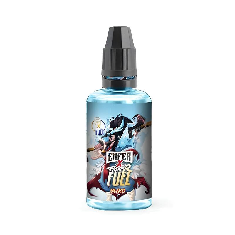 Flacon de 30ml d'arôme concentré Yuko Fighter Fuel x Enfer avec liquide bleu glacé et illustration manga.