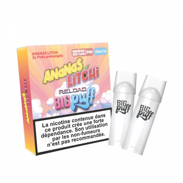 BIG PUFF Reload - Pack de 2 Cartouches 2 ml 600 Puffs-0 mg-Ananas Litchi-VAPEVO