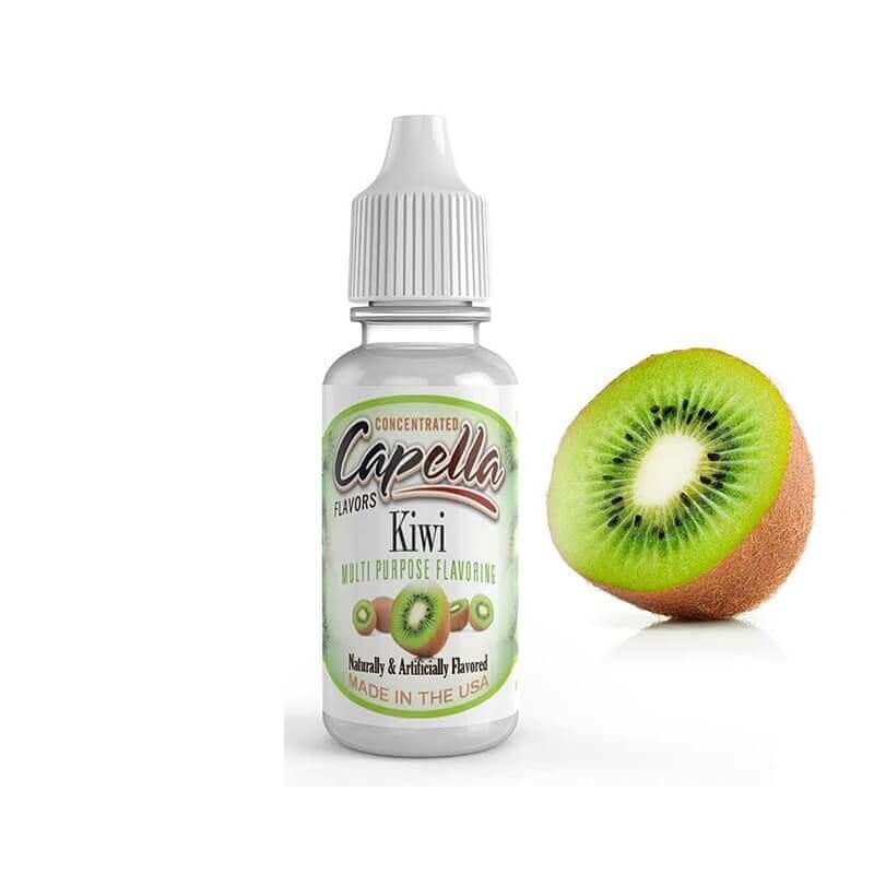 Flacon de 10ml d'arôme concentré Capella Kiwi avec étiquette illustrée et demi-kiwi frais à côté sur fond blanc.
