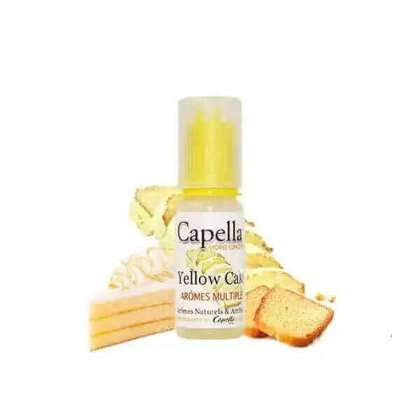 Flacon de 10ml d'arÎme concentré Capella Yellow Cake avec bouchon jaune, entouré de parts de gùteau à la vanille.
