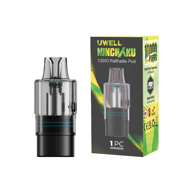 Cartouche de remplacement Uwell Nunchaku Mini 10ml avec résistance intégrée 0,8Ω et son emballage cartonné vert et noir.