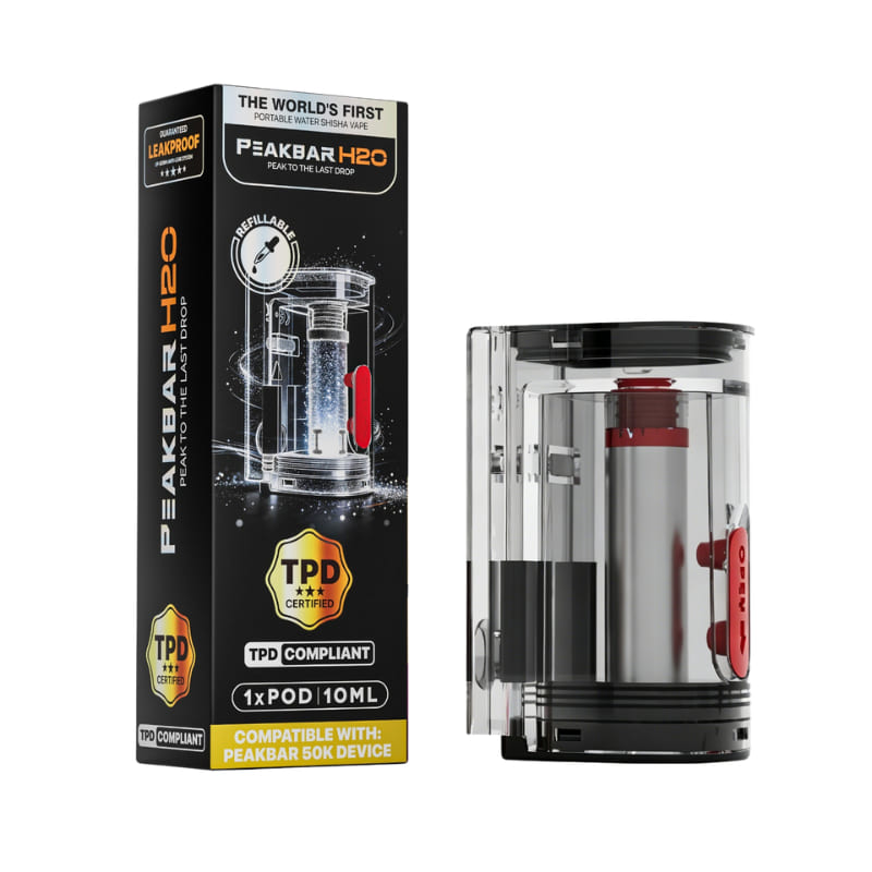 Cartouche rechargeable transparente de 10 ml pour PeakBar H2O Pro avec résistance mesh et bouchon de remplissage rouge.